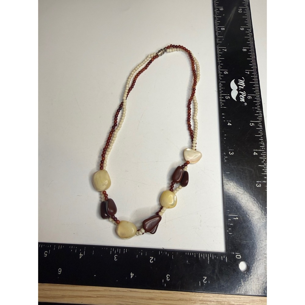 Handcrafted Double Strand Beaded Necklace Cream Mahogany Brown Barrel Clasp 18"